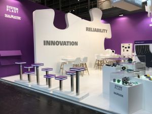 Minimalist design stand built for an international event in Madrid