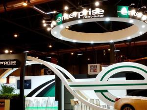 Elegant exhibition space with a prominent corporate visual identity