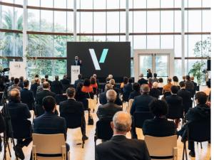 Company anniversary decoration with ambient lighting and personalized details